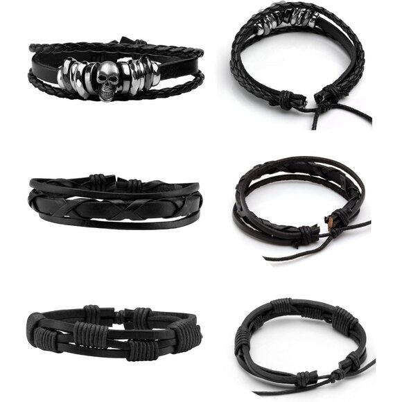 6Pcs Punk Leather Bracelets Women Men Braided Skull Accessories Adjustable - Picture 2 of 7